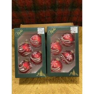 Krebs Glass Christmas Ornaments Red Velvet Balls Gold / White Scrolls Snowflakes